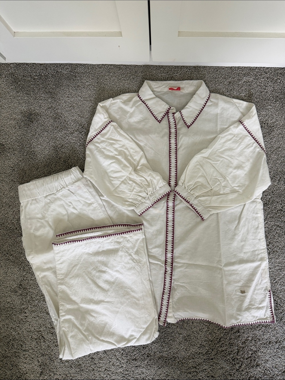 Maternity White Cotton Pajama Set with Purple Trim